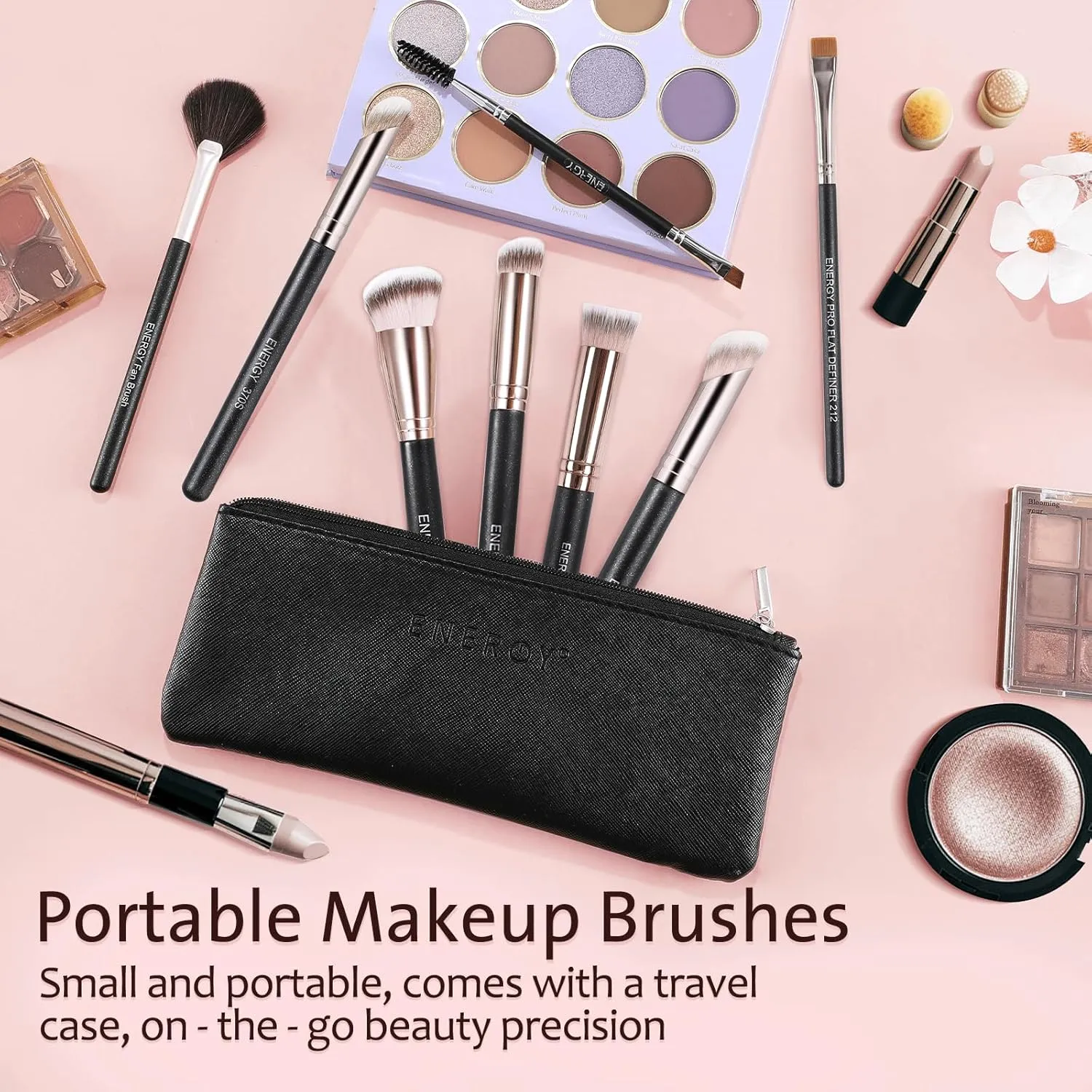 ENERGY Makeup Brush Set - 8PCS Professional Makeup Brushes for Foundation, Concealer, Eyeshadow, Blending, Contour, Powder, Eyeliner, Vegan Synthetic Fiber, Portable Travel Kit with Case (Black)