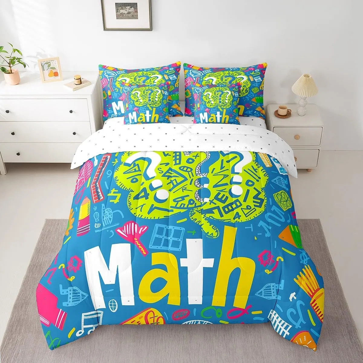 Erosebridal Kids Math Equation Comforter Set Queen Mathematics Formula Biology Bedding Set with Sheets for Boys Girls Math Geometry Science Bed in A Bag 7 Piece Educational Reversible Bed Set