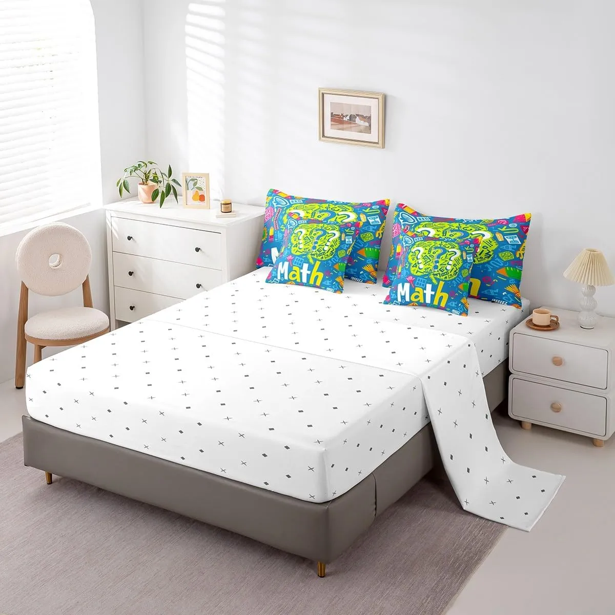 Erosebridal Kids Math Equation Comforter Set Queen Mathematics Formula Biology Bedding Set with Sheets for Boys Girls Math Geometry Science Bed in A Bag 7 Piece Educational Reversible Bed Set