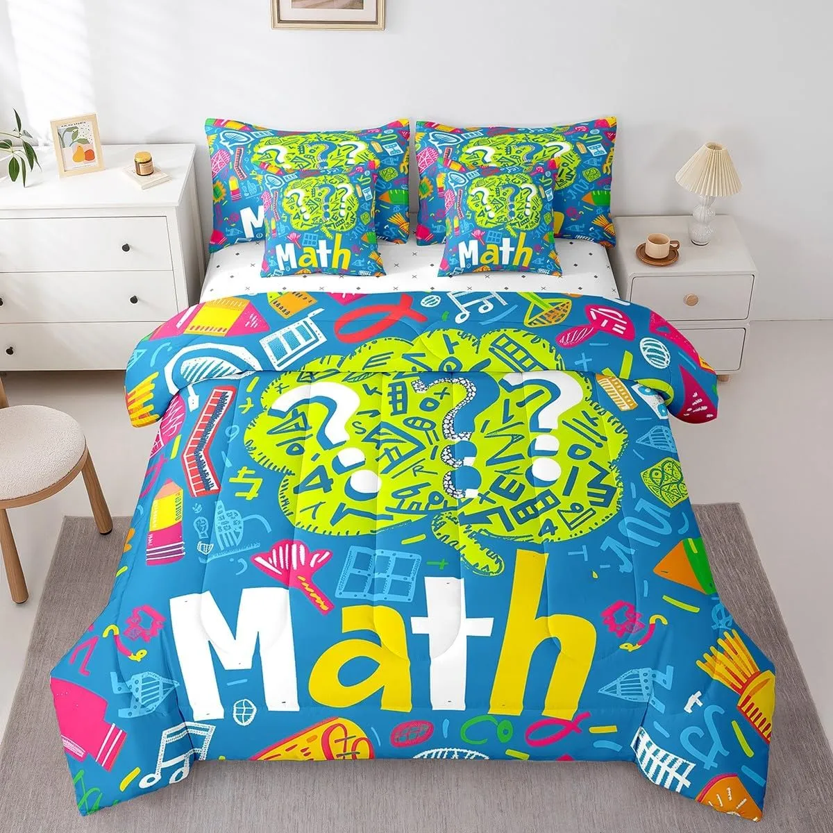 Erosebridal Kids Math Equation Comforter Set Queen Mathematics Formula Biology Bedding Set with Sheets for Boys Girls Math Geometry Science Bed in A Bag 7 Piece Educational Reversible Bed Set