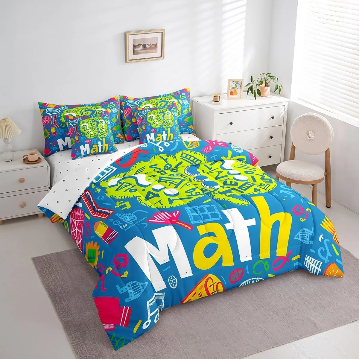 Erosebridal Kids Math Equation Comforter Set Queen Mathematics Formula Biology Bedding Set with Sheets for Boys Girls Math Geometry Science Bed in A Bag 7 Piece Educational Reversible Bed Set