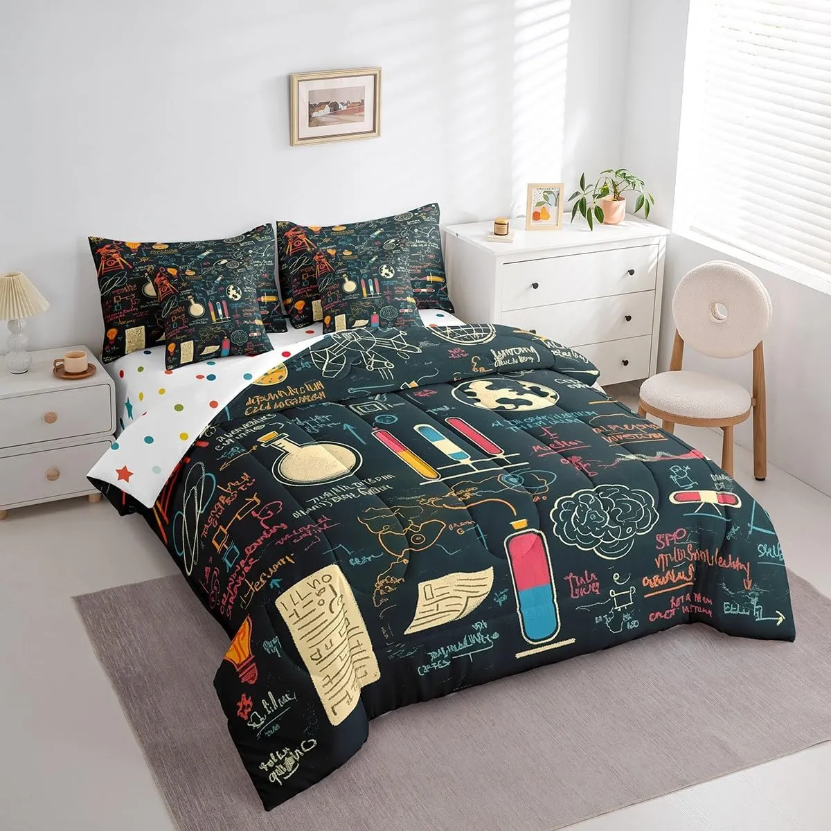 Erosebridal Science Bedding Set Chemistry Lab King Comforter Set with Sheets 7 Piece for Kids Boys Girls Laboratory Education Bed in A Bag Biology Chemical Equation Bed Set Room Decor