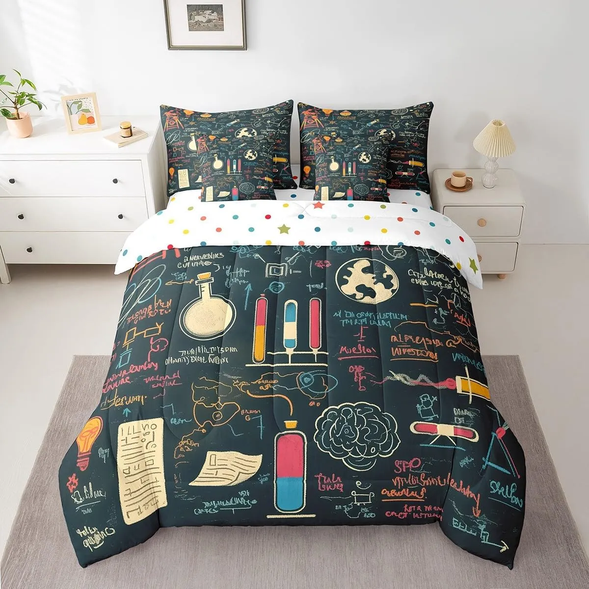 Erosebridal Science Bedding Set Chemistry Lab King Comforter Set with Sheets 7 Piece for Kids Boys Girls Laboratory Education Bed in A Bag Biology Chemical Equation Bed Set Room Decor
