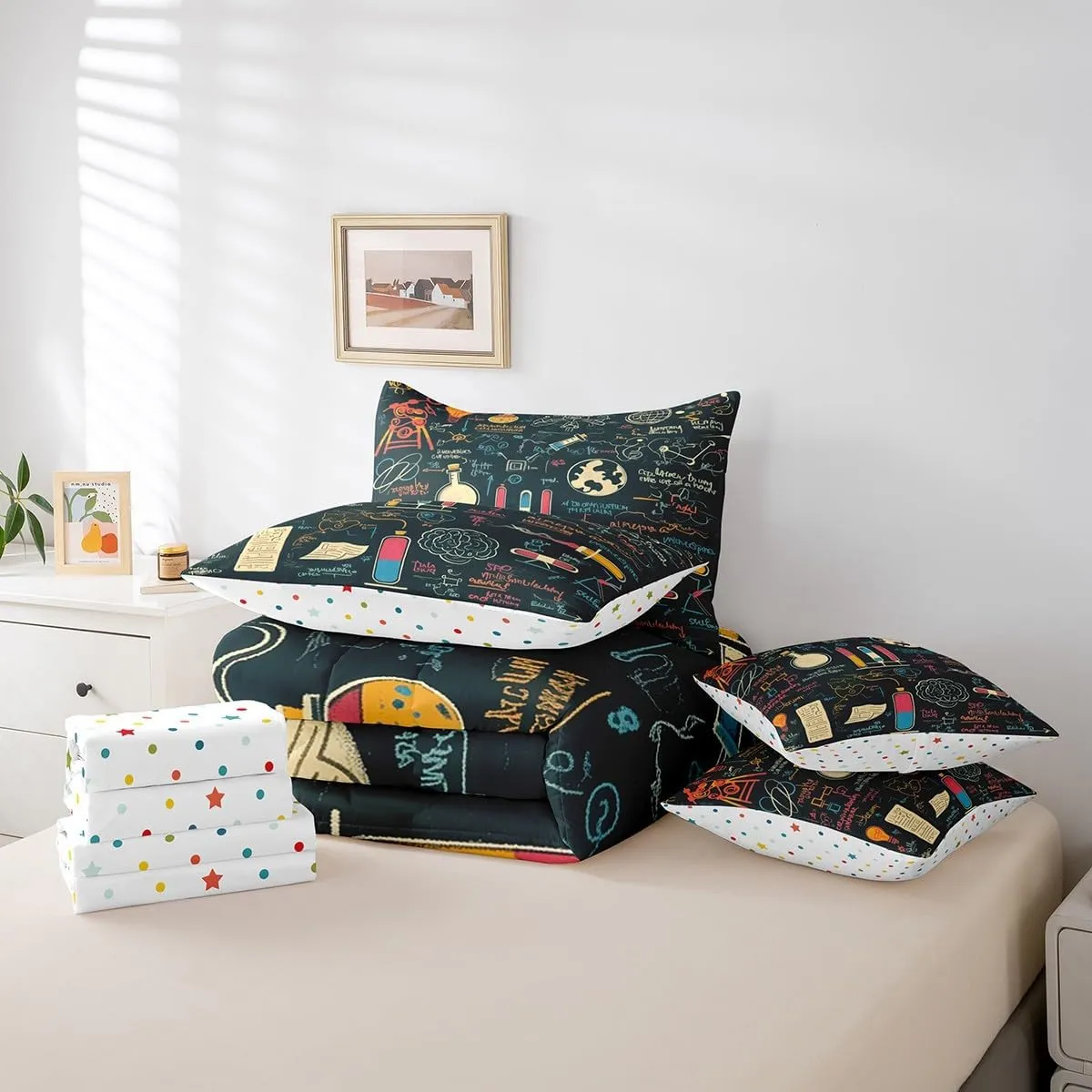Erosebridal Science Bedding Set Chemistry Lab King Comforter Set with Sheets 7 Piece for Kids Boys Girls Laboratory Education Bed in A Bag Biology Chemical Equation Bed Set Room Decor
