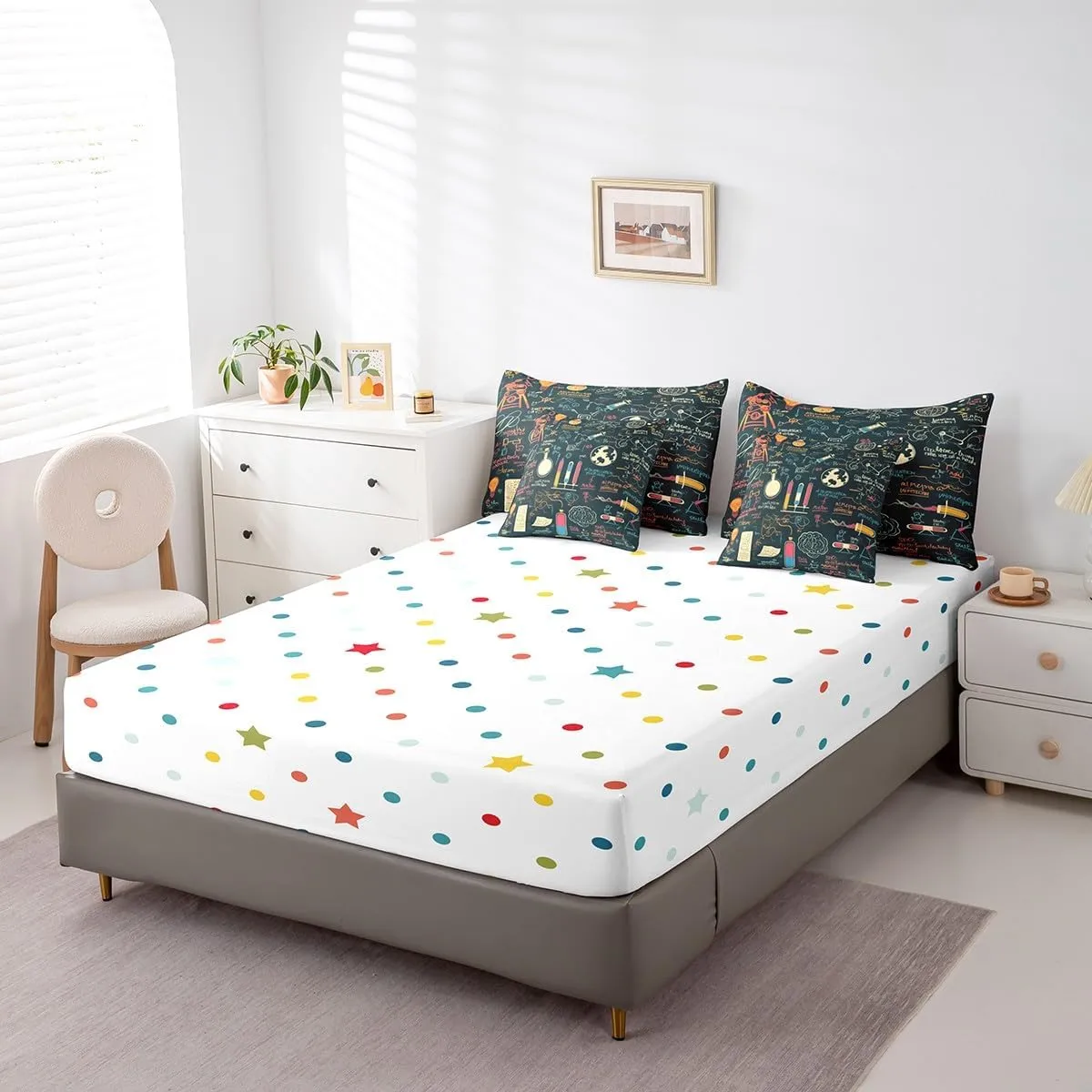 Erosebridal Science Bedding Set Chemistry Lab King Comforter Set with Sheets 7 Piece for Kids Boys Girls Laboratory Education Bed in A Bag Biology Chemical Equation Bed Set Room Decor