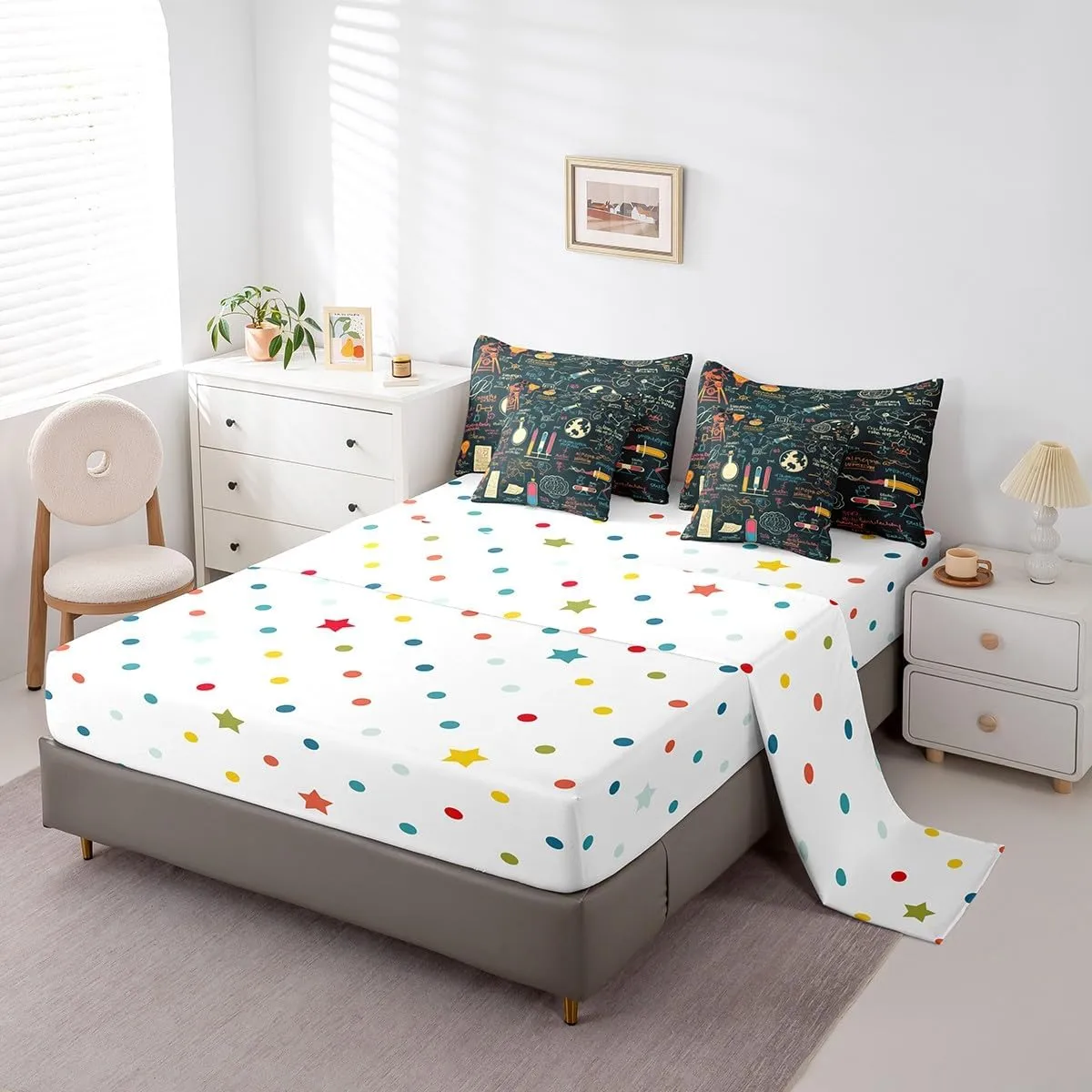 Erosebridal Science Bedding Set Chemistry Lab King Comforter Set with Sheets 7 Piece for Kids Boys Girls Laboratory Education Bed in A Bag Biology Chemical Equation Bed Set Room Decor