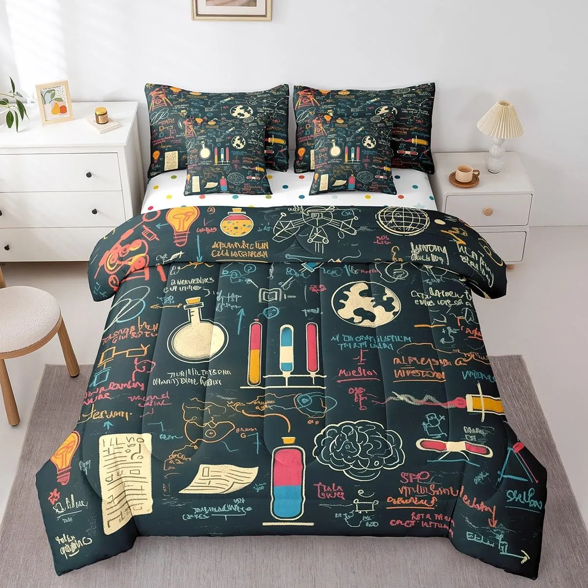 Erosebridal Science Bedding Set Chemistry Lab King Comforter Set with Sheets 7 Piece for Kids Boys Girls Laboratory Education Bed in A Bag Biology Chemical Equation Bed Set Room Decor