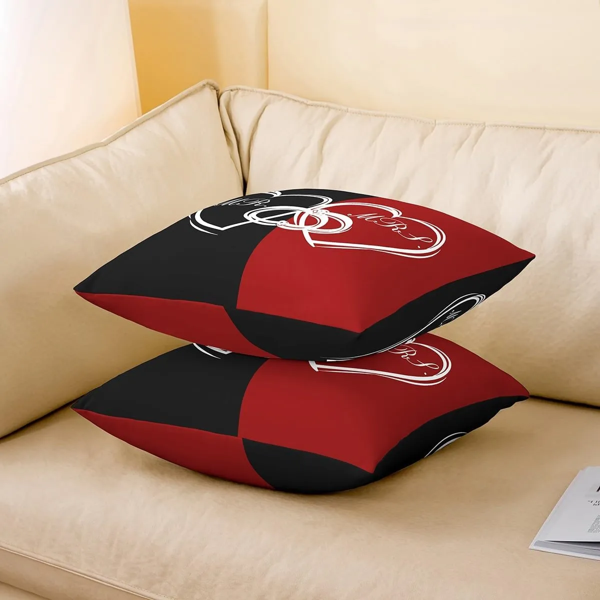 Erosebridal Valentine's Day Set of 4 Throw Pillow Covers 16x16 Inch, Black Red Symmetry Pillow Covers, Heart Pattern Rings Cushion Covers, Romantic Interlocking Decorative Pillow Covers