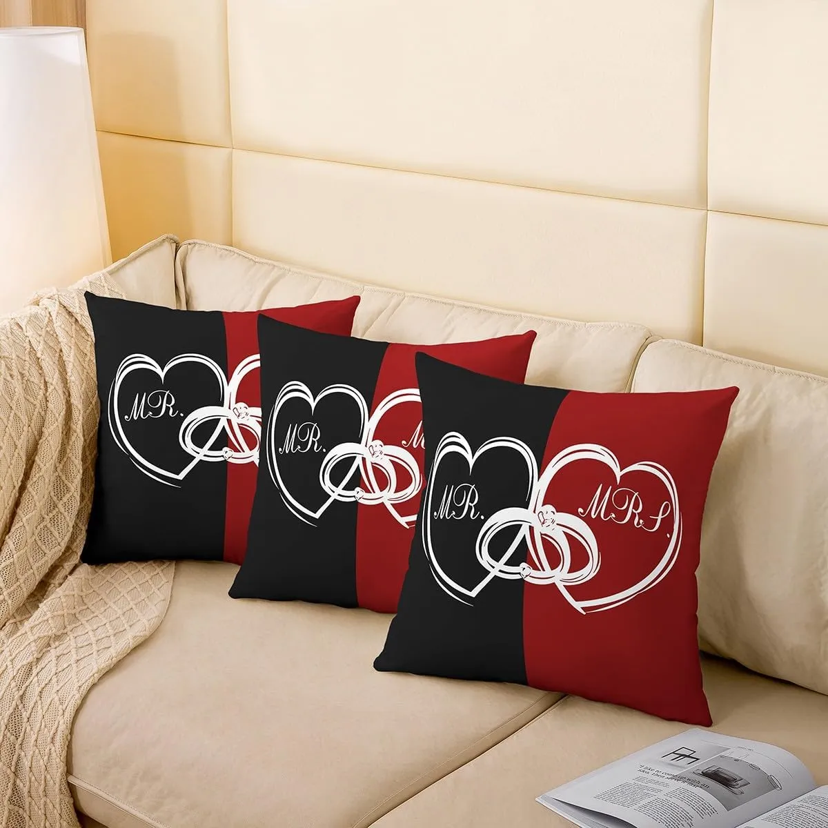 Erosebridal Valentine's Day Throw Pillow Cover 20x20 Inch, Black Red Symmetry Pillow Cover, Heart Pattern Rings Cushion Cover, Romantic Interlocking Decorative Pillow Cover, Cute Letters Cushion Case
