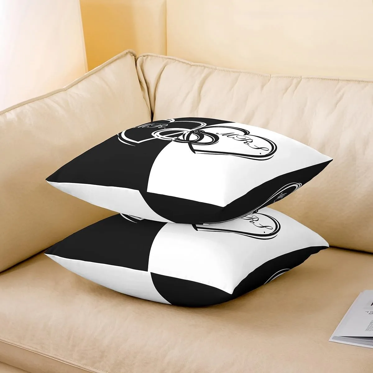 Erosebridal Valentine's Day Throw Pillow Cover 20x20 Inch, Black White Symmetry Pillow Cover, Heart Pattern Rings Cushion Cover, Romantic Interlocking Decorative Pillow Cover, Letters Cushion Case