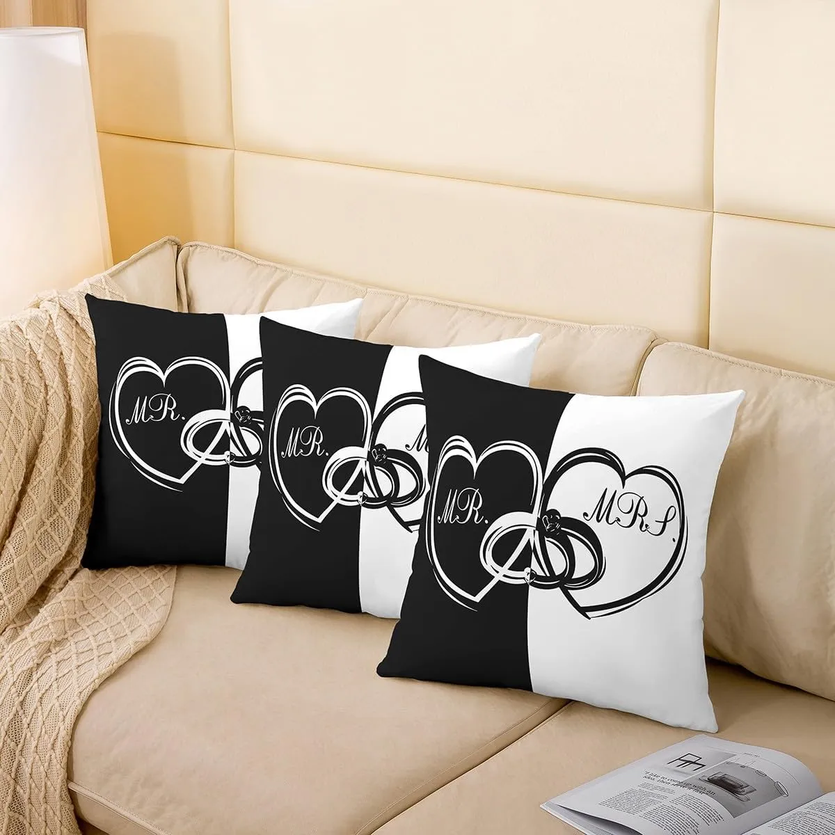 Erosebridal Valentine's Day Throw Pillow Cover 20x20 Inch, Black White Symmetry Pillow Cover, Heart Pattern Rings Cushion Cover, Romantic Interlocking Decorative Pillow Cover, Letters Cushion Case