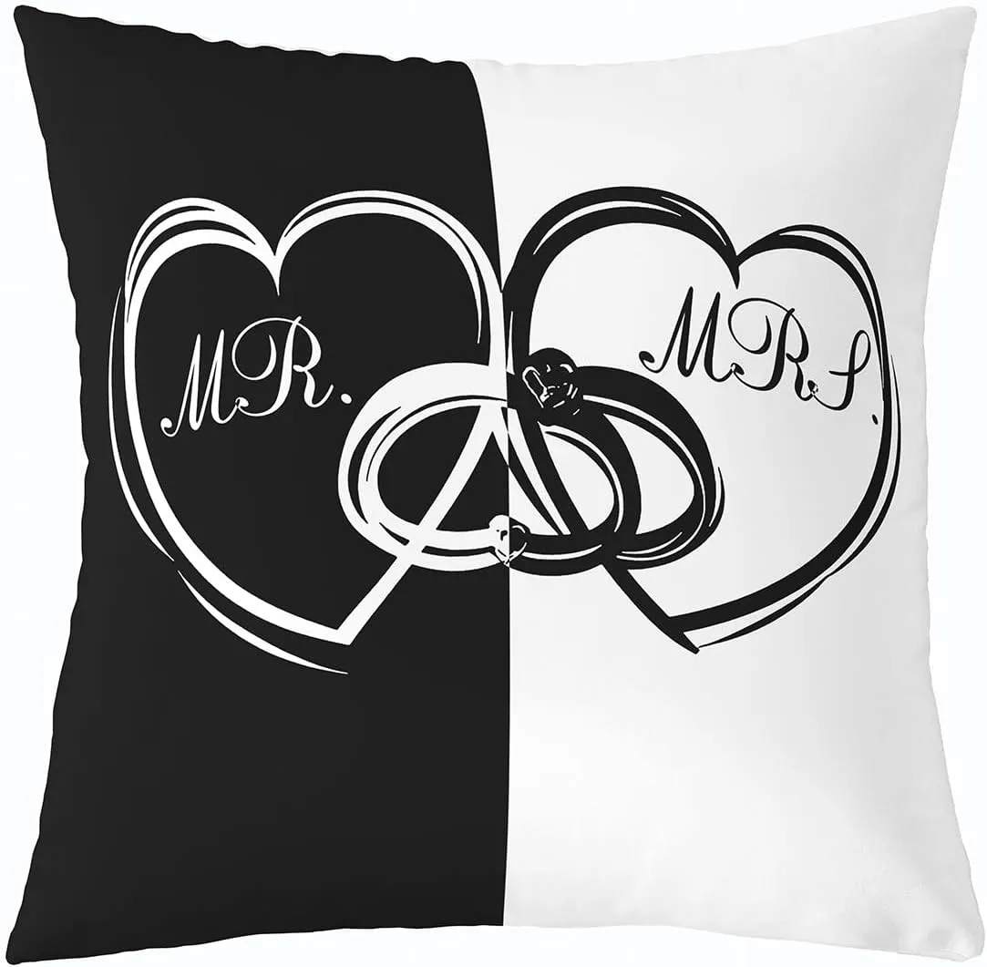 Erosebridal Valentine's Day Throw Pillow Cover 20x20 Inch, Black White Symmetry Pillow Cover, Heart Pattern Rings Cushion Cover, Romantic Interlocking Decorative Pillow Cover, Letters Cushion Case