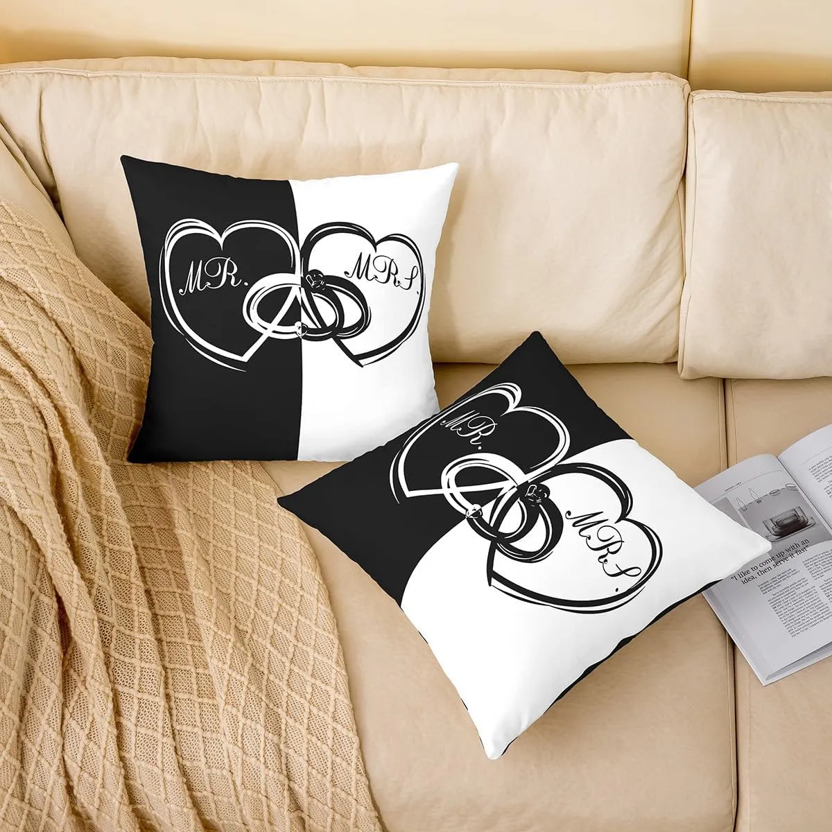 Erosebridal Valentine's Day Throw Pillow Cover 20x20 Inch, Black White Symmetry Pillow Cover, Heart Pattern Rings Cushion Cover, Romantic Interlocking Decorative Pillow Cover, Letters Cushion Case