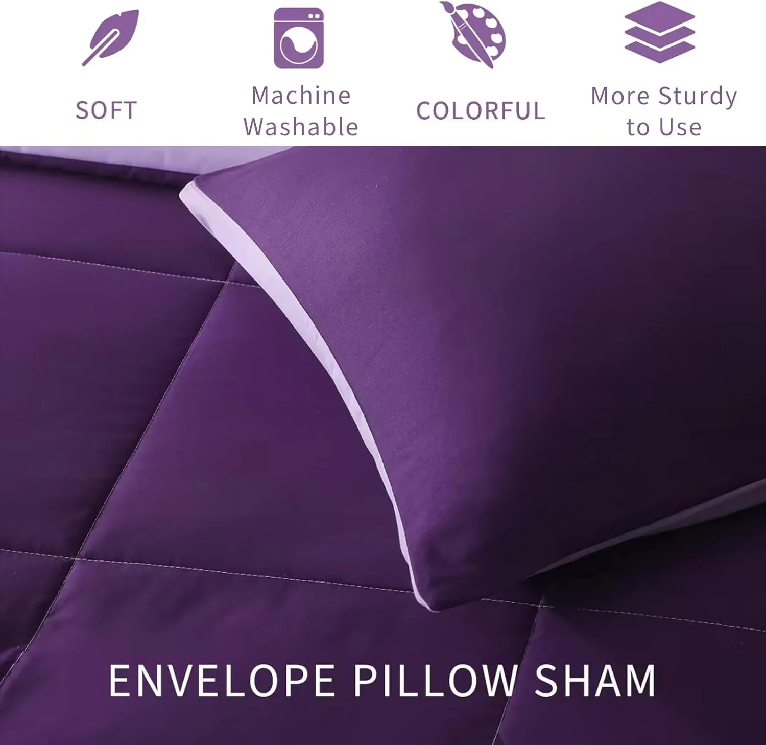 Exclusivo Mezcla Lightweight Summer Reversible Queen Size Comforter Set, Down Alternative Comforter with 2 Pillow Sham, Queen Size Bedding Set for All Seasons, Deep Purple/Lilac