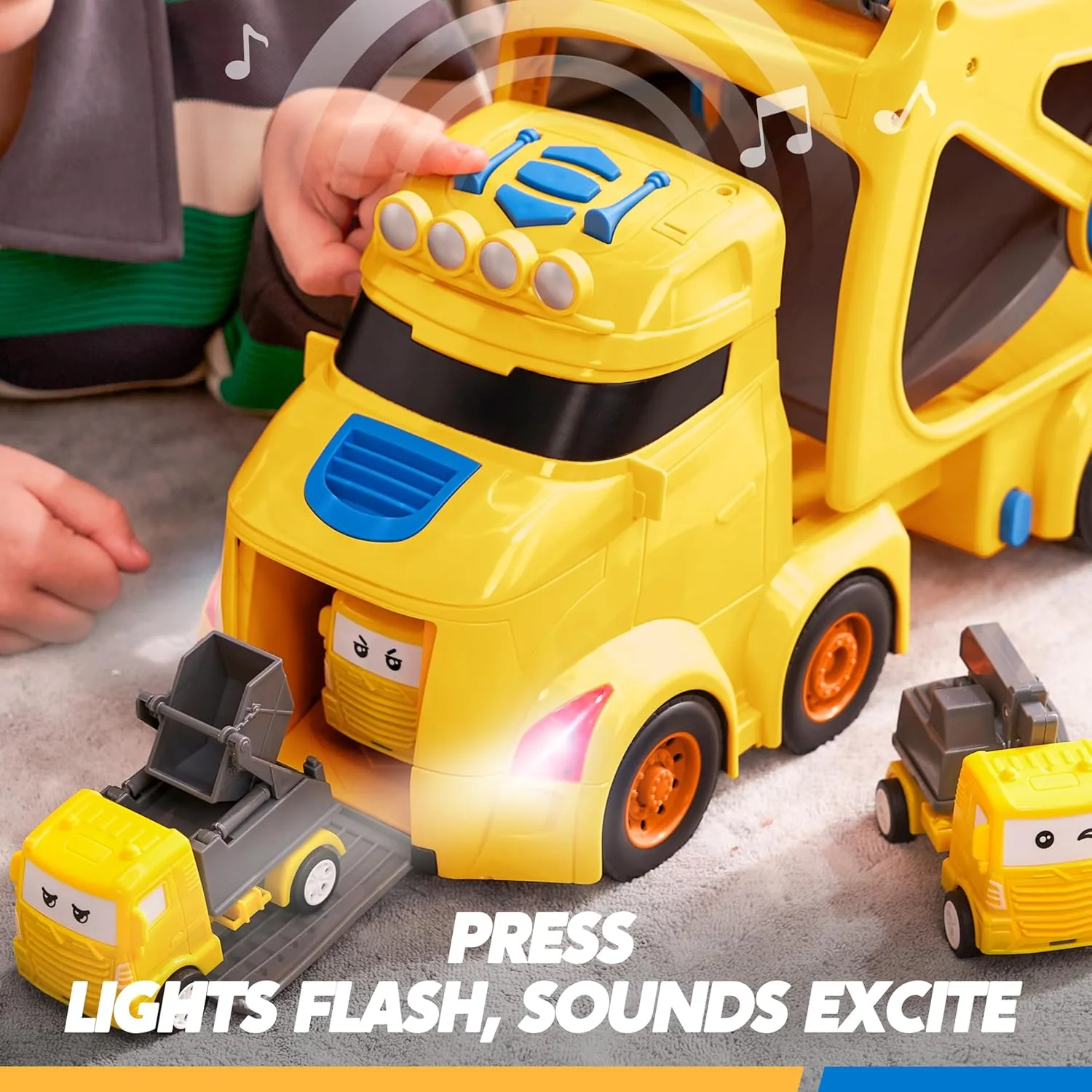 Extra Large Toy Cars for Toddlers, 3-Layer Construction Trucks for 2 3 4 Year Old Boys, 7-in-1 Big Transport Vehicle Carrier Truck with Siren & Lights and 6 Toy Cars, Birthday Gifts for Boys Kids