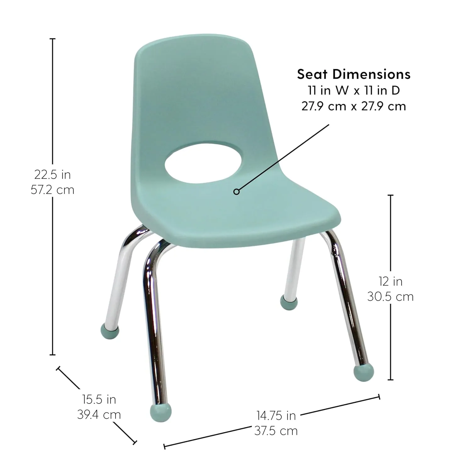 Factory Direct Partners 10359-SF 12" School Stack Chair, Stacking Student Seat with Chromed Steel Legs and Ball Glides for in-Home Learning or Classroom - Seafoam (6-Pack)