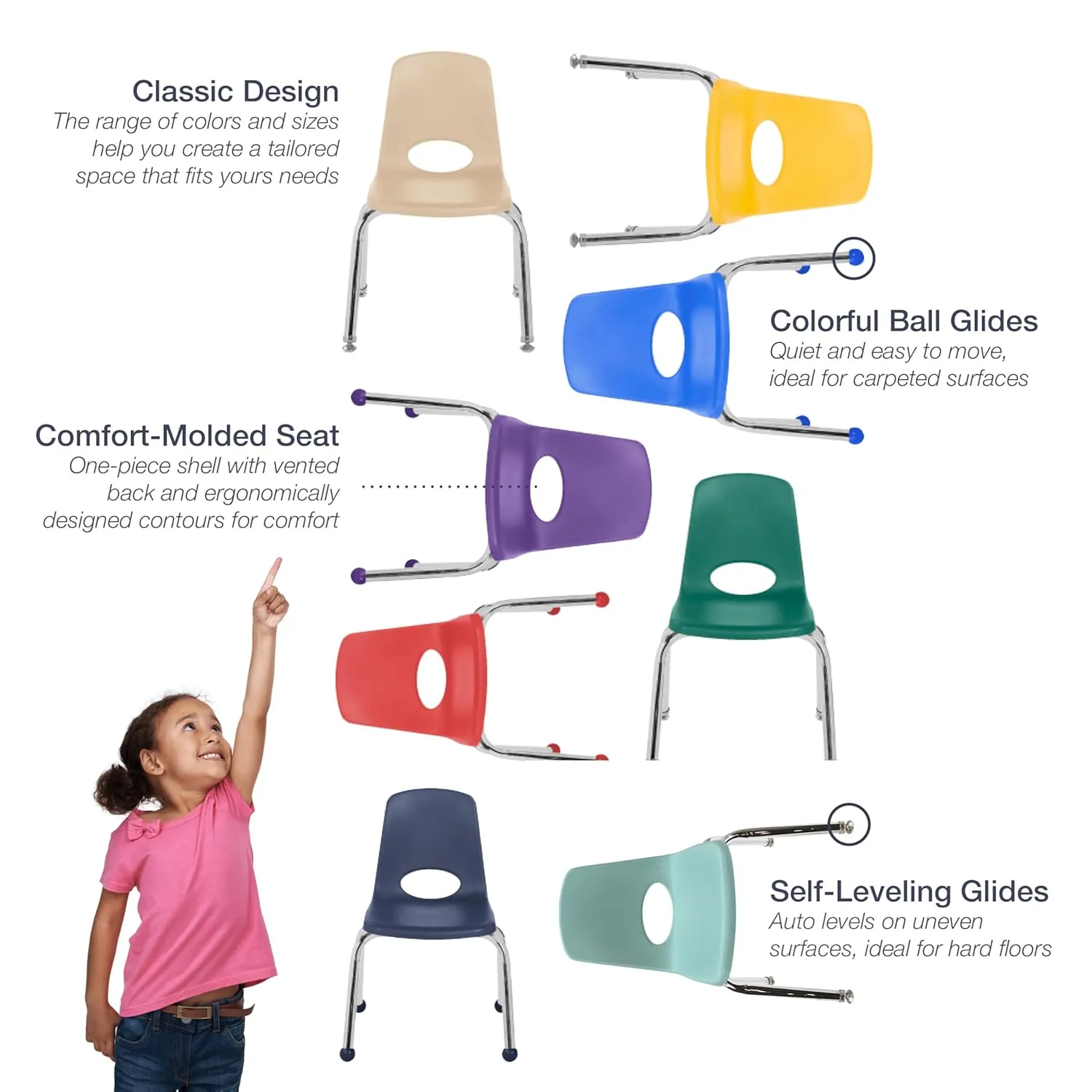 Factory Direct Partners 10359-SF 12" School Stack Chair, Stacking Student Seat with Chromed Steel Legs and Ball Glides for in-Home Learning or Classroom - Seafoam (6-Pack)