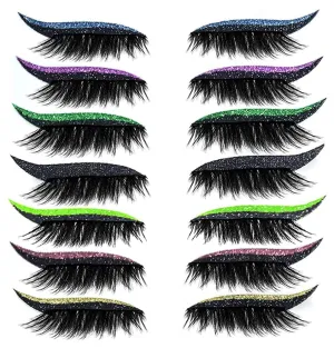 False Eyelashes,Reusable Eyeliner and Eyelash Stickers 7 Color Waterproof Sticker Eyelashes,Easy to Wear and Remove,Women Make Up Glitter Lashes (A Set of Seven Colors)