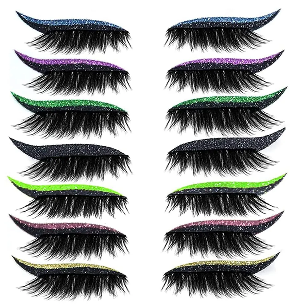 False Eyelashes,Reusable Eyeliner and Eyelash Stickers 7 Color Waterproof Sticker Eyelashes,Easy to Wear and Remove,Women Make Up Glitter Lashes (A Set of Seven Colors)