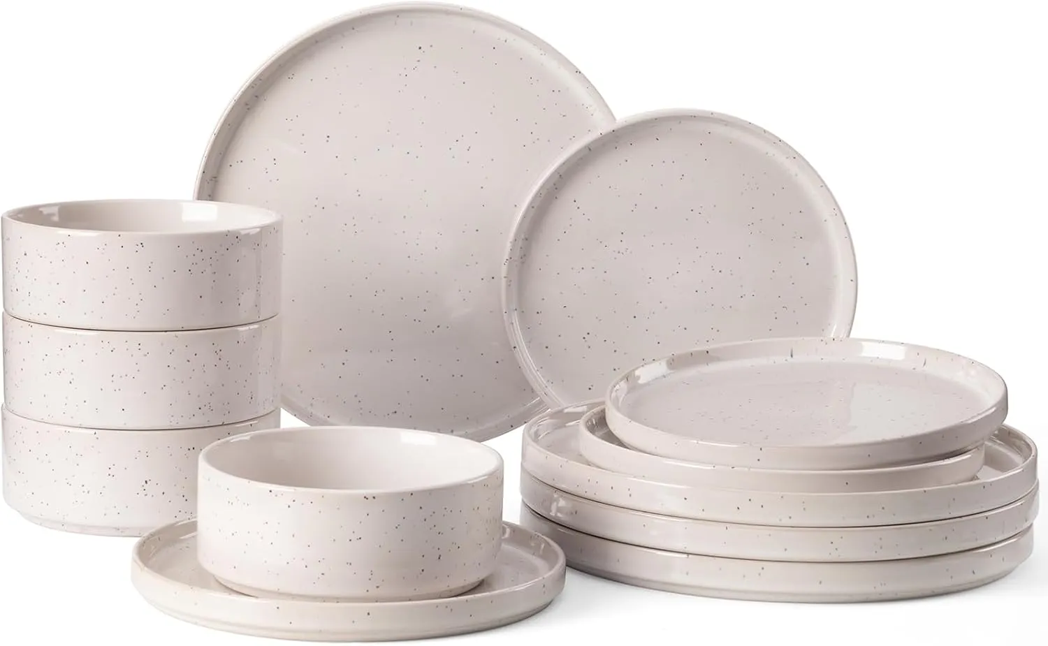 Famiware Nebula Plates and Bowls Sets, 12 Pieces Dinnerware Sets, Dishes Set for 4, Creamy White with Colorful Speckles