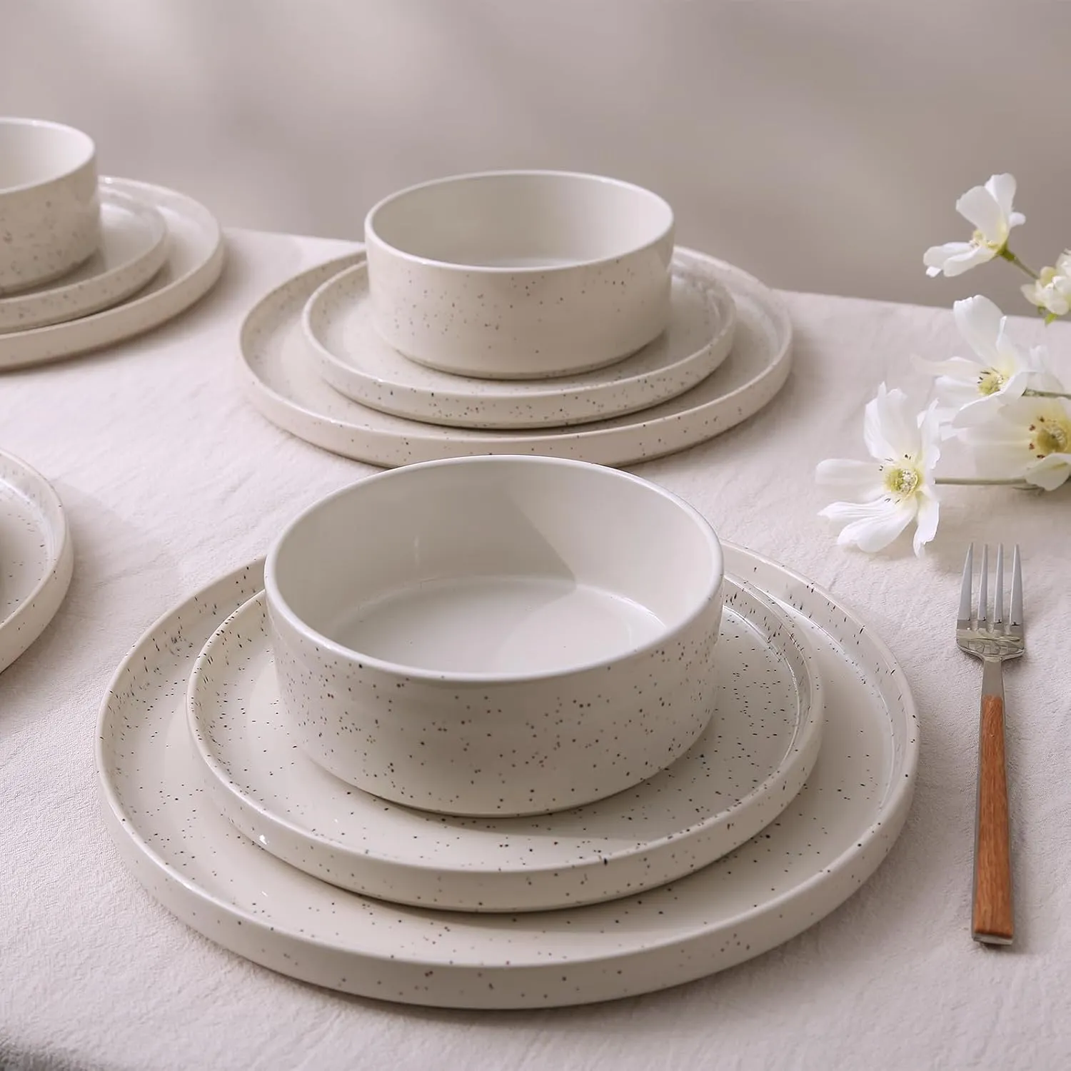 Famiware Nebula Plates and Bowls Sets, 12 Pieces Dinnerware Sets, Dishes Set for 4, Creamy White with Colorful Speckles