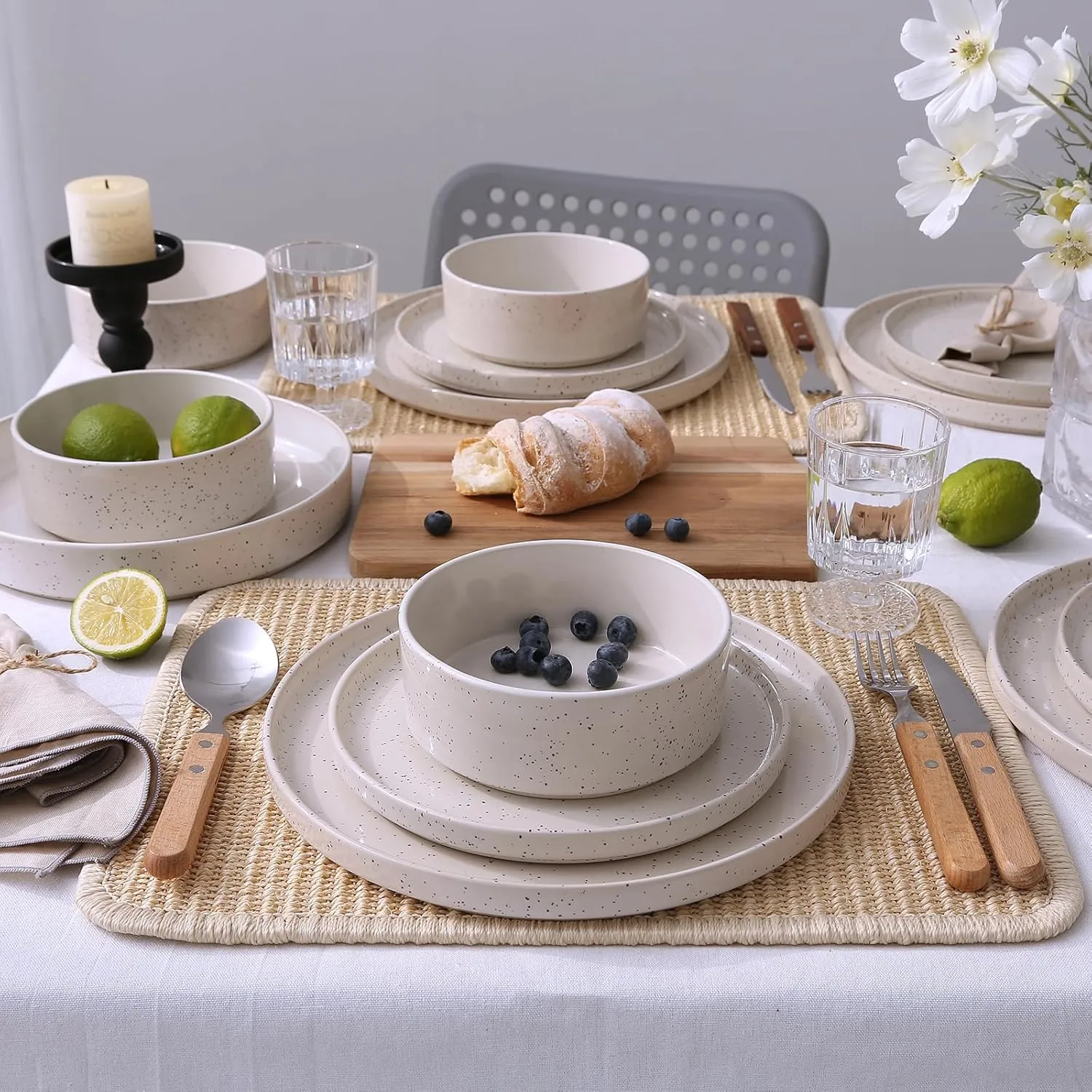 Famiware Nebula Plates and Bowls Sets, 12 Pieces Dinnerware Sets, Dishes Set for 4, Creamy White with Colorful Speckles