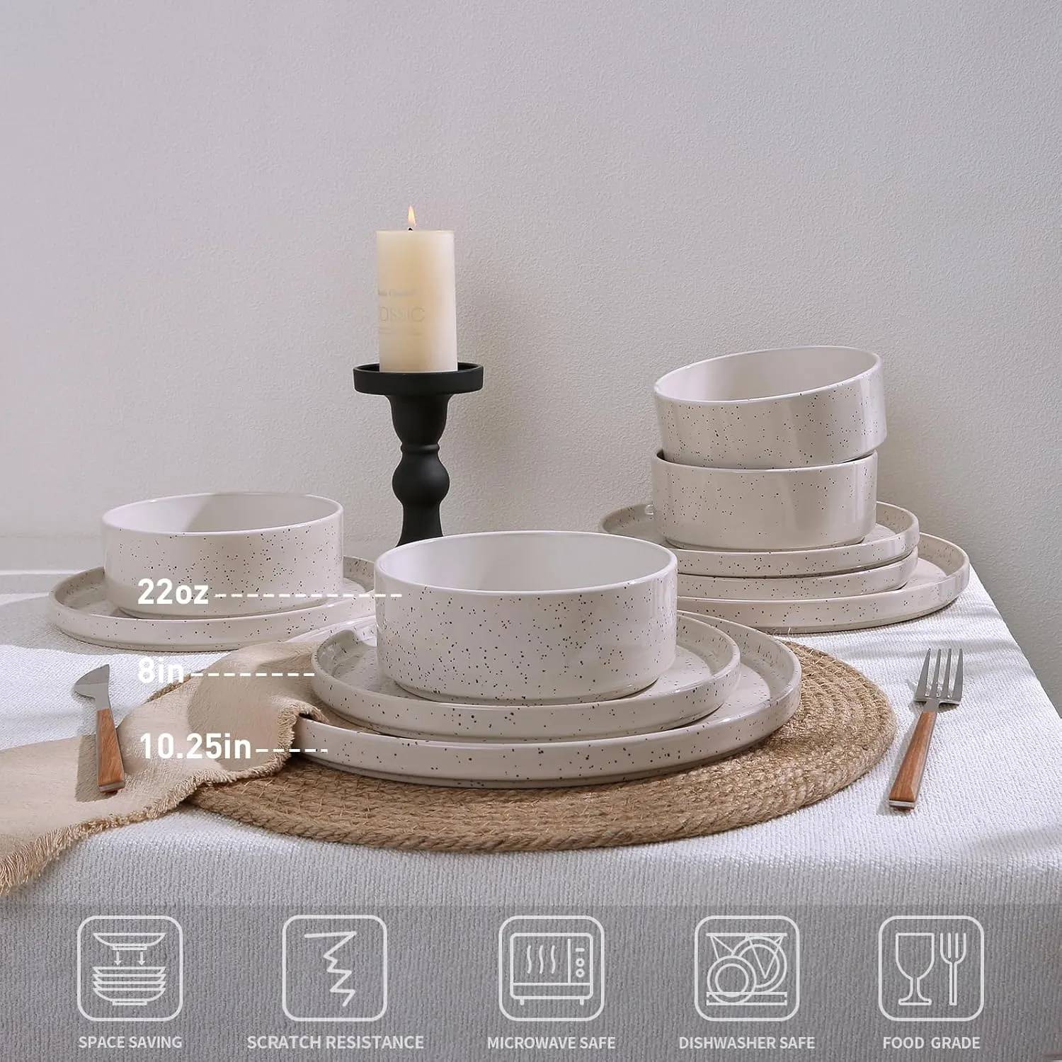 Famiware Nebula Plates and Bowls Sets, 12 Pieces Dinnerware Sets, Dishes Set for 4, Creamy White with Colorful Speckles