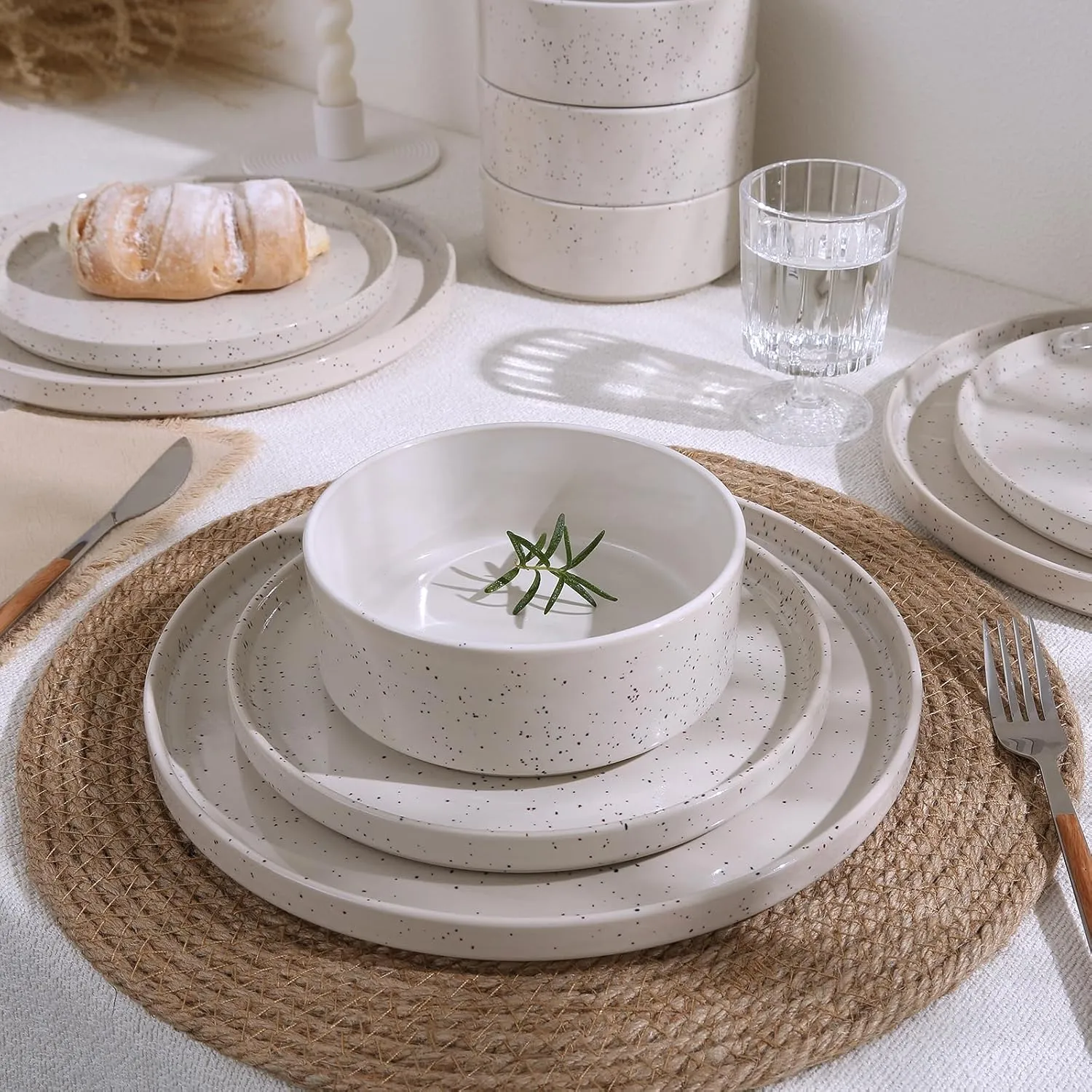Famiware Nebula Plates and Bowls Sets, 12 Pieces Dinnerware Sets, Dishes Set for 4, Creamy White with Colorful Speckles