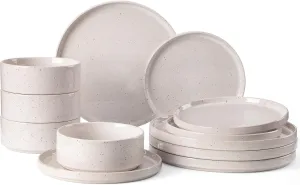Famiware Nebula Plates and Bowls Sets, 12 Pieces Dinnerware Sets, Dishes Set for 4, Creamy White with Colorful Speckles