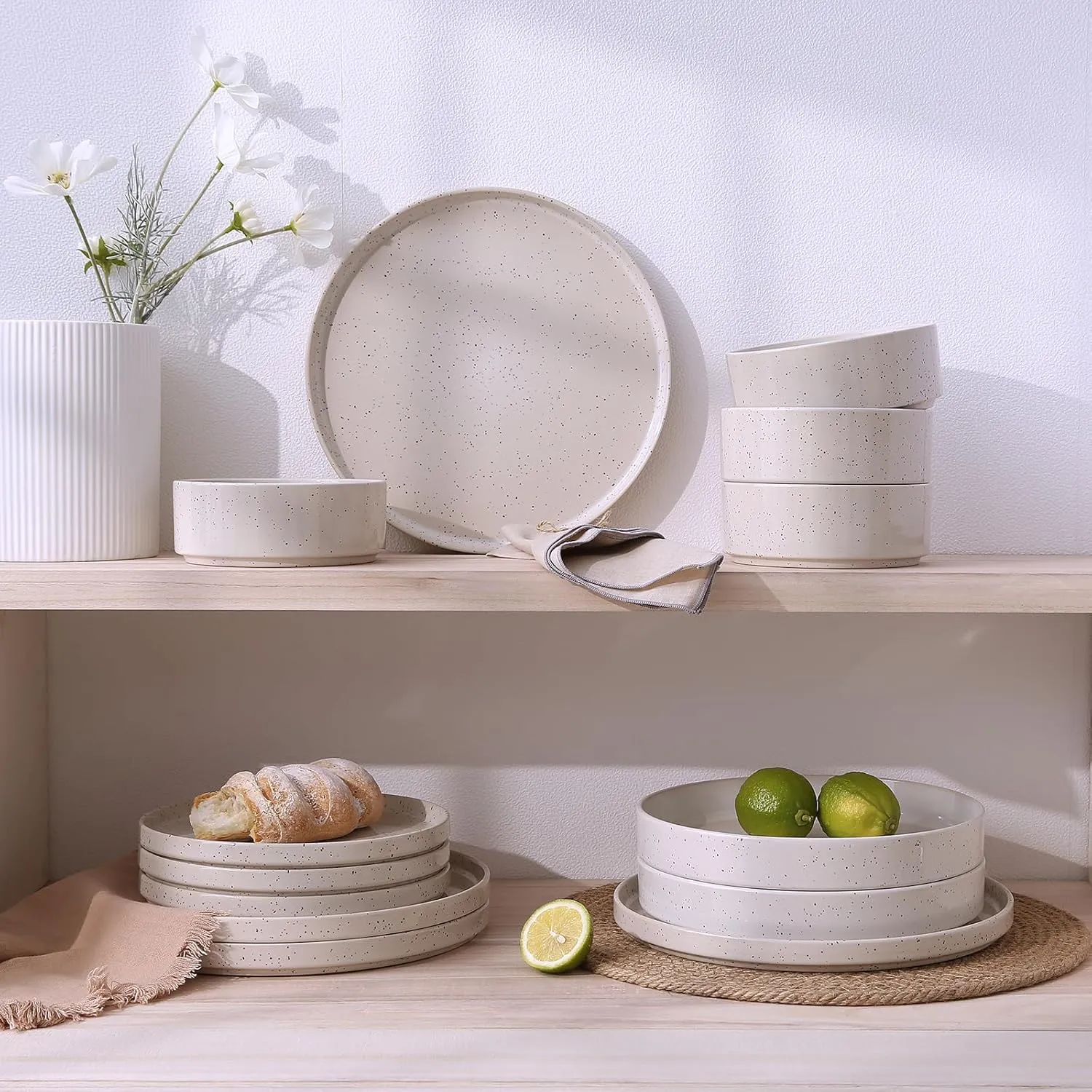 Famiware Nebula Plates and Bowls Sets, 12 Pieces Dinnerware Sets, Dishes Set for 4, Creamy White with Colorful Speckles