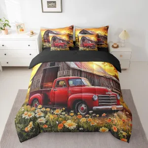 Farm Truck Bedding Set King Size 7 Pcs,Country Rustic Flowers Bed Set Watercolor Oil Painting Comforter Set With Sheets,Bed in a Bag with Comforter,Sheets,Pillowcases & Cushion Cover Room Decor