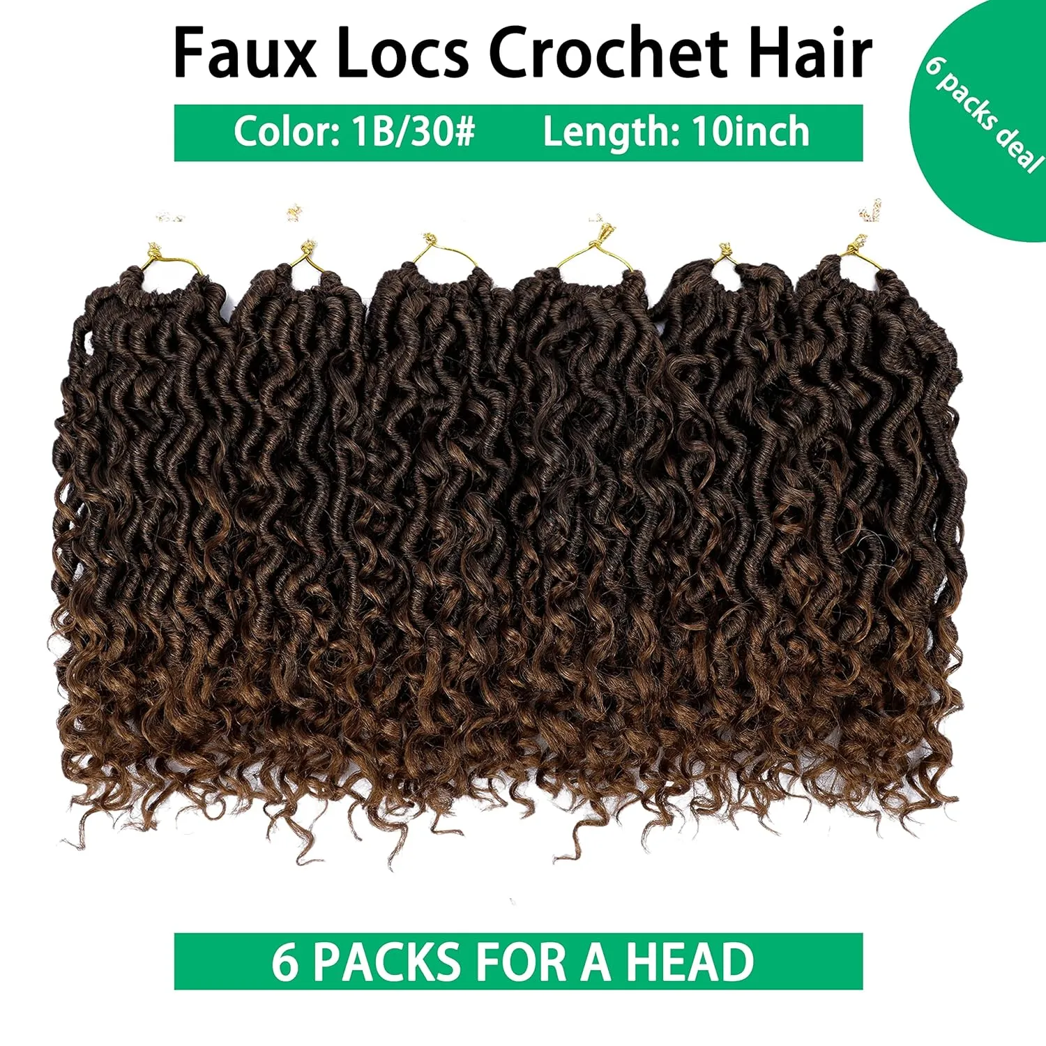 Faux Locs 10 Inch Ombre Brown Goddess Locs Crochet Hair for Women Soft River Locs Curly Pre Looped Crochet Braids with Curly Ends Boho Hippie Locs Synthetic Hair Extensions(6 packs, 1b/30)