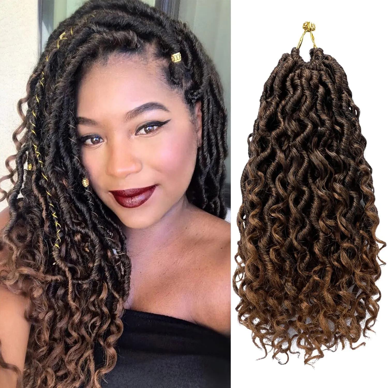 Faux Locs 10 Inch Ombre Brown Goddess Locs Crochet Hair for Women Soft River Locs Curly Pre Looped Crochet Braids with Curly Ends Boho Hippie Locs Synthetic Hair Extensions(6 packs, 1b/30)