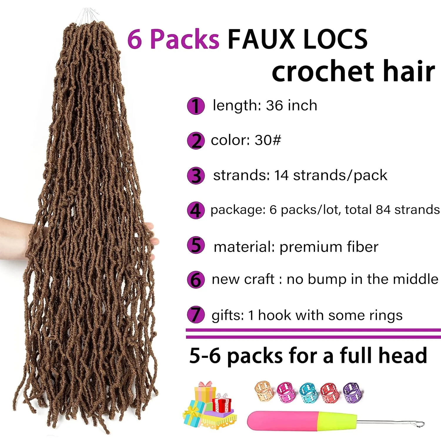 Faux Locs 36 Inch 6 Packs Brown Soft Natural Butterfly Crochet Hair For Black Women Goddess Locs (Color 30, Long)