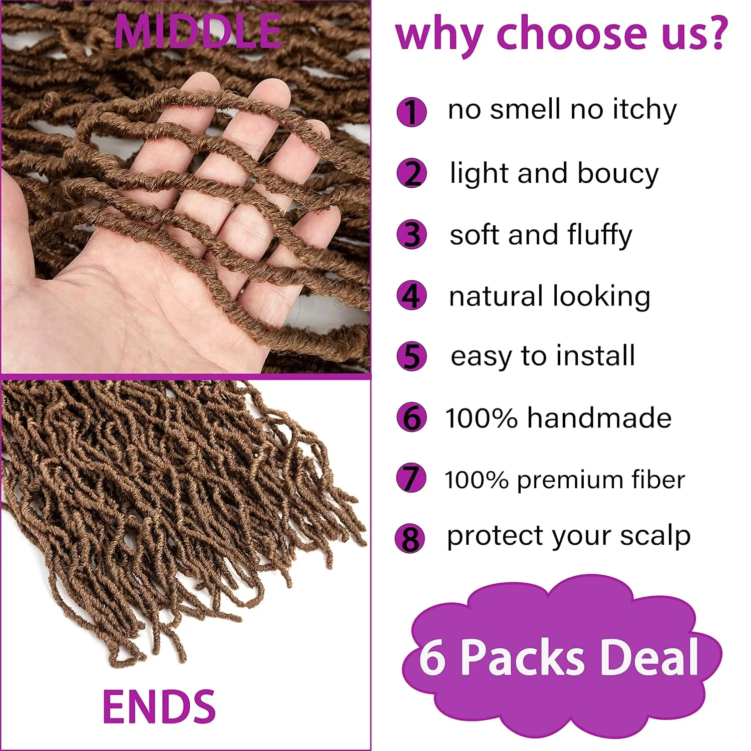 Faux Locs 36 Inch 6 Packs Brown Soft Natural Butterfly Crochet Hair For Black Women Goddess Locs (Color 30, Long)