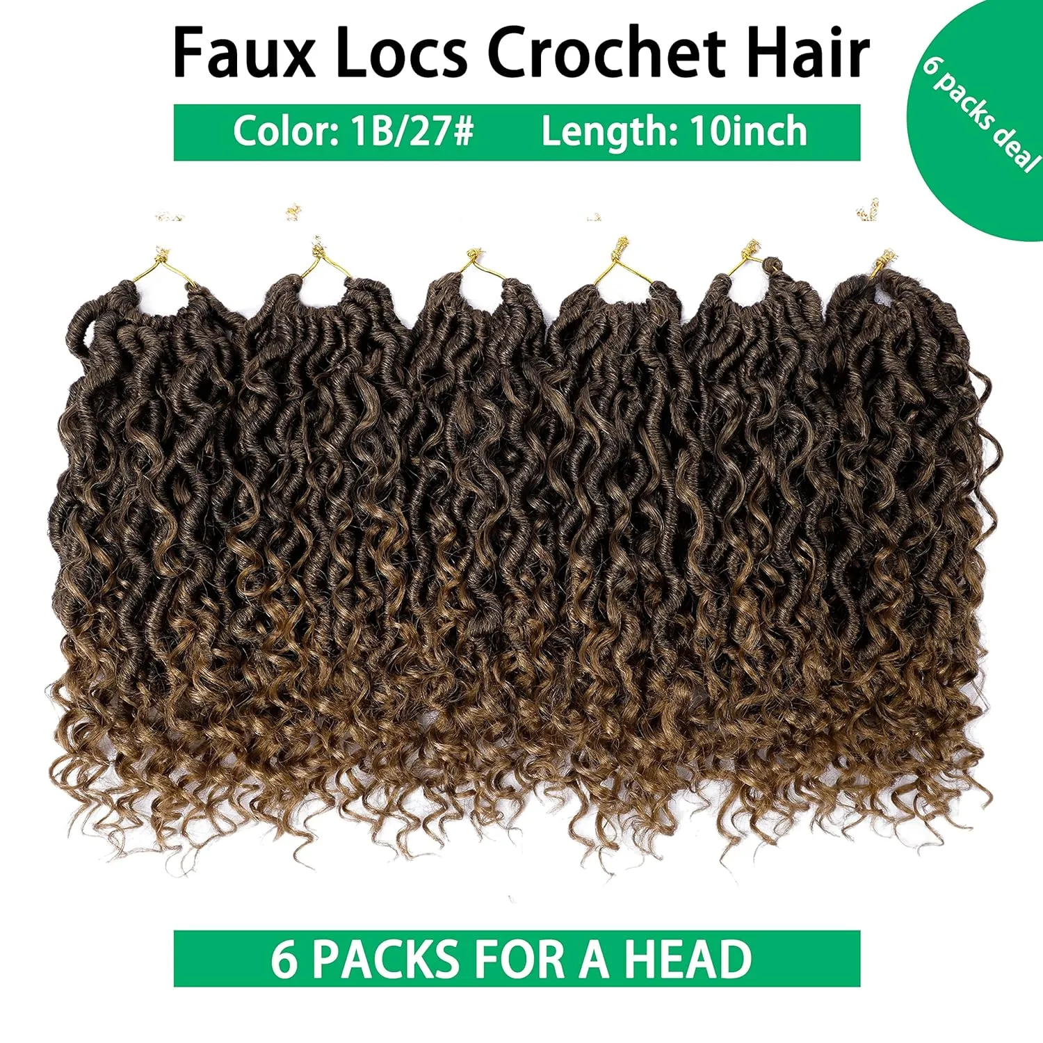 Faux Locs Crochet Hair 10 Inch Ombre Goddess Locs Crochet Hair for Women Soft River Locs Curly Pre Looped Crochet Braids with Curly Ends Boho Hippie Locs Synthetic Hair Extensions(6 packs, #1b/27)