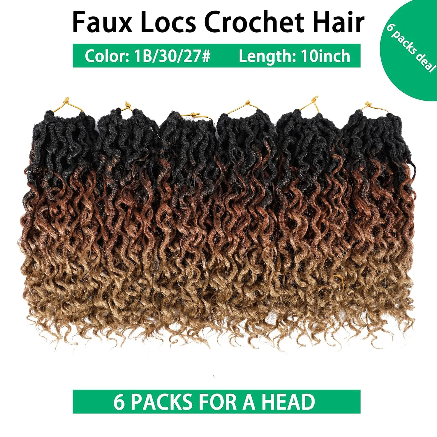 Faux Locs Crochet Hair 10 Inch Ombre Goddess Locs Curly Pre Looped Crochet Braids with Curly Ends Boho Hippie Synthetic Hair Extensions (6 packs, #1b/30/27)