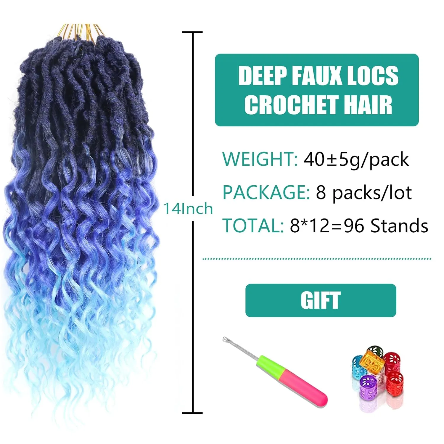 Faux Locs Crochet Hair 14 Inches With Curly Ends Goddess Locs Crochet Braids Pre Looped Deep Wave Crochet Hair for Black Women Hair Extensions(14 Inch/Pack of 8, 1B/Dark blue/light blue)