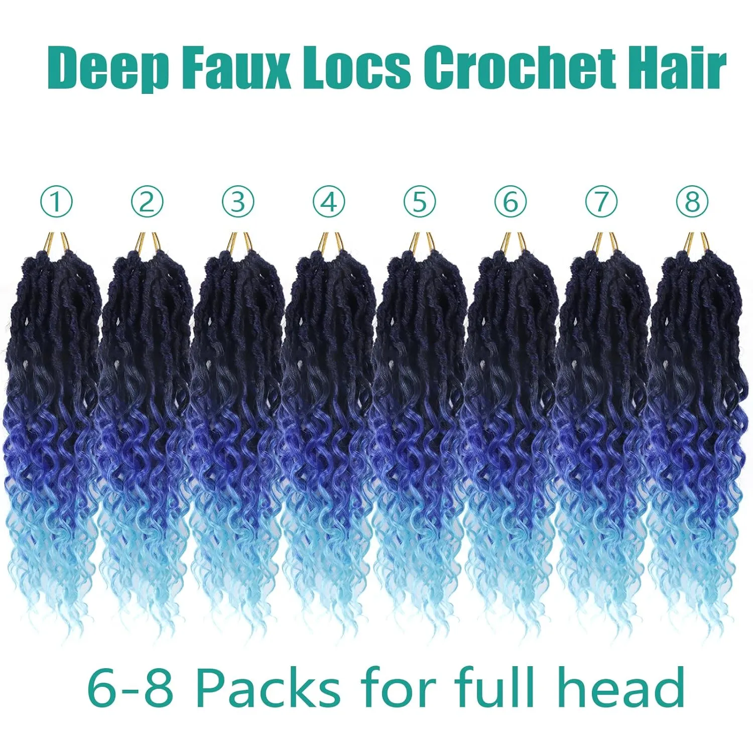 Faux Locs Crochet Hair 14 Inches With Curly Ends Goddess Locs Crochet Braids Pre Looped Deep Wave Crochet Hair for Black Women Hair Extensions(14 Inch/Pack of 8, 1B/Dark blue/light blue)