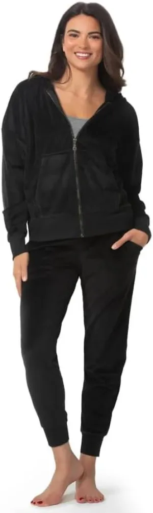 Felina Women's Velour 2 Piece Zip Hoodie And Joggers, Black, Medium