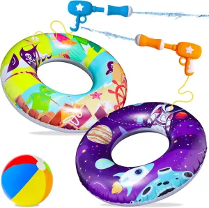 FindUWill Pool Floats with Water Guns Kids, Inflatable Pool Swim Tubes with Beach Ball, Pool Floaties Toys Inner Tube with Squirt Guns for Kids Ages 8-12, Beach Swimming Party Toys for Adults