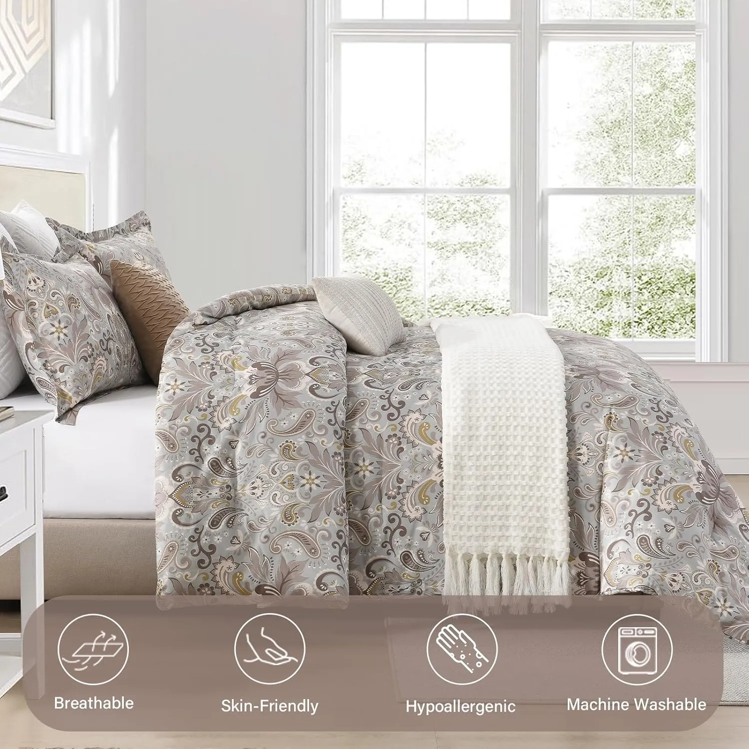 Finlonte Damask Queen Comforter Set, 100% Cotton Comforter, Paisley Floral Comforter Bedding Set, Luxury Ethnic Queen Size Comforter, Fluffy Lightweight Soft Quilted Comforter All Season, Taupe
