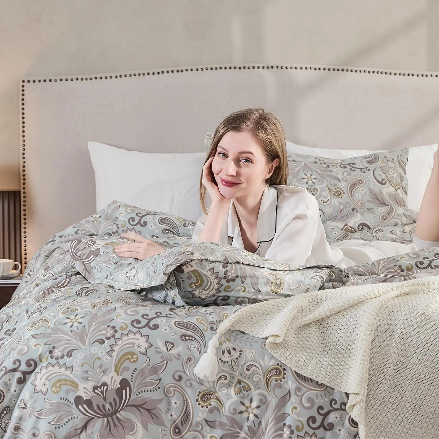 Finlonte Damask Queen Comforter Set, 100% Cotton Comforter, Paisley Floral Comforter Bedding Set, Luxury Ethnic Queen Size Comforter, Fluffy Lightweight Soft Quilted Comforter All Season, Taupe