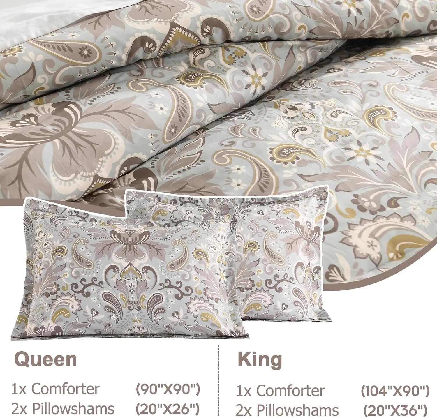 Finlonte Damask Queen Comforter Set, 100% Cotton Comforter, Paisley Floral Comforter Bedding Set, Luxury Ethnic Queen Size Comforter, Fluffy Lightweight Soft Quilted Comforter All Season, Taupe