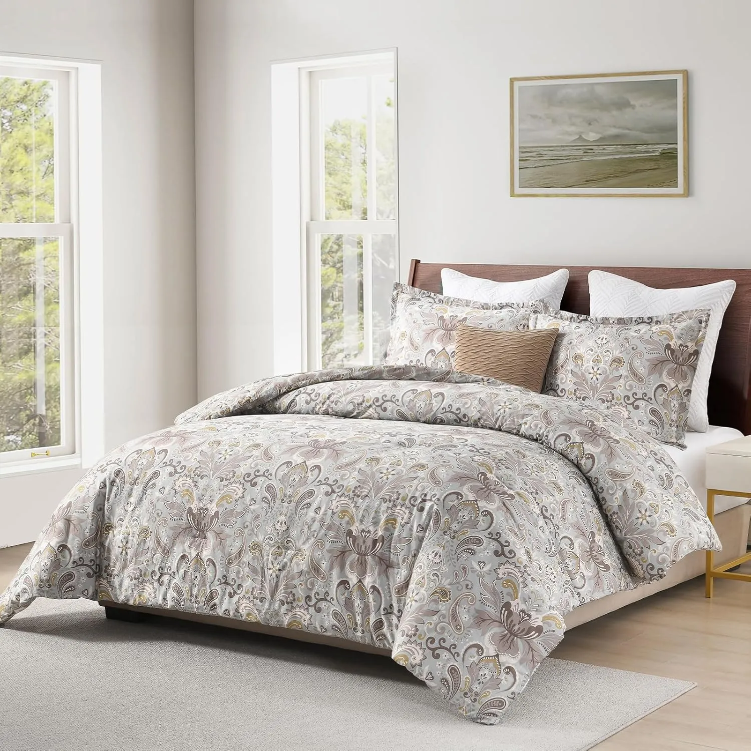 Finlonte Damask Queen Comforter Set, 100% Cotton Comforter, Paisley Floral Comforter Bedding Set, Luxury Ethnic Queen Size Comforter, Fluffy Lightweight Soft Quilted Comforter All Season, Taupe