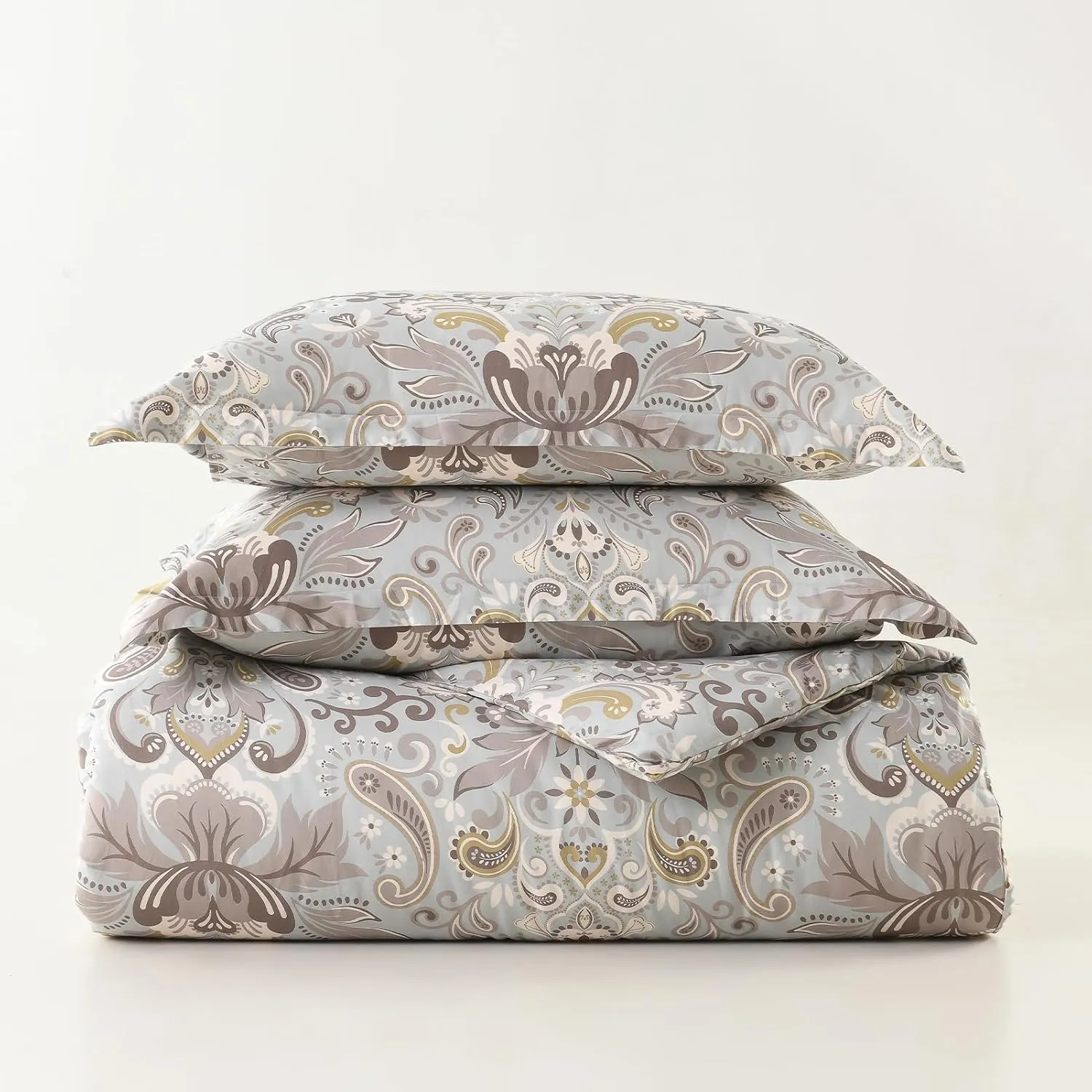 Finlonte Damask Queen Comforter Set, 100% Cotton Comforter, Paisley Floral Comforter Bedding Set, Luxury Ethnic Queen Size Comforter, Fluffy Lightweight Soft Quilted Comforter All Season, Taupe