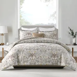 Finlonte Damask Queen Comforter Set, 100% Cotton Comforter, Paisley Floral Comforter Bedding Set, Luxury Ethnic Queen Size Comforter, Fluffy Lightweight Soft Quilted Comforter All Season, Taupe