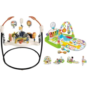 Fisher-Price Baby Bouncer Palm Paradise Jumperoo Activity Center with Music Lights Sounds Toys & Deluxe Kick & Play Piano Gym with Smart Stages Maracas