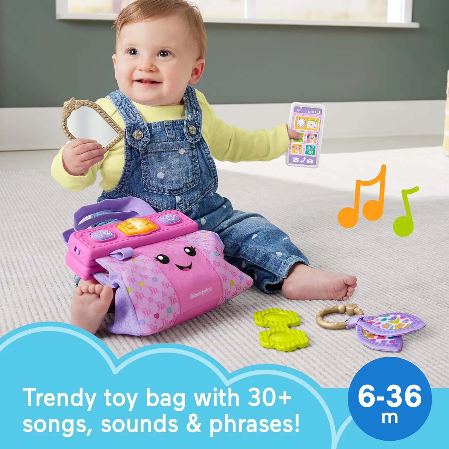 Fisher-Price Baby Learning Toy Laugh & Learn Purse, Going Places Bag with 4 Pretend Play Accessories for Infants & Toddlers Ages 6  Months