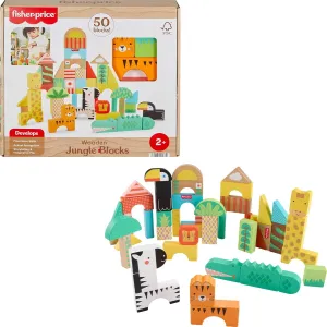 Fisher-Price Toddler Toy Wooden Jungle Blocks, 50-Piece Animal-Themed Building Set for Preschool Pretend Play Kids Ages 2  Years